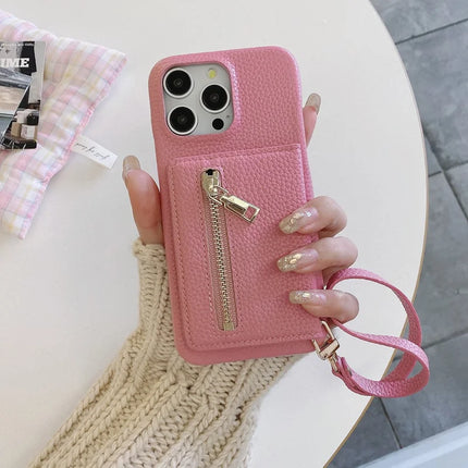 For iPhone 16 Pro Case Card Slots Kickstand PU Leather Back Cover with Zipper Pocket, Wrist Strap