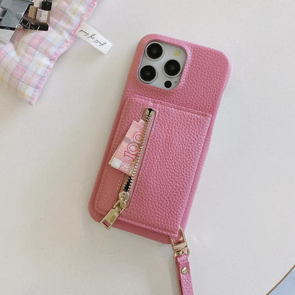 For iPhone 16 Pro Case Card Slots Kickstand PU Leather Back Cover with Zipper Pocket, Wrist Strap