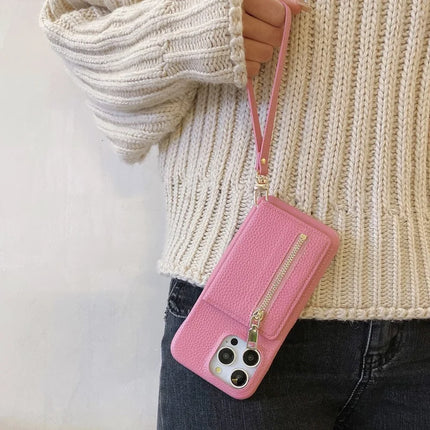 For iPhone 16 Pro Case Card Slots Kickstand PU Leather Back Cover with Zipper Pocket, Wrist Strap