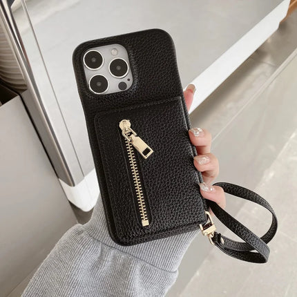 For iPhone 16 Pro Case Card Slots Kickstand PU Leather Back Cover with Zipper Pocket, Wrist Strap