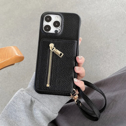 For iPhone 16 Pro Case Card Slots Kickstand PU Leather Back Cover with Zipper Pocket, Wrist Strap