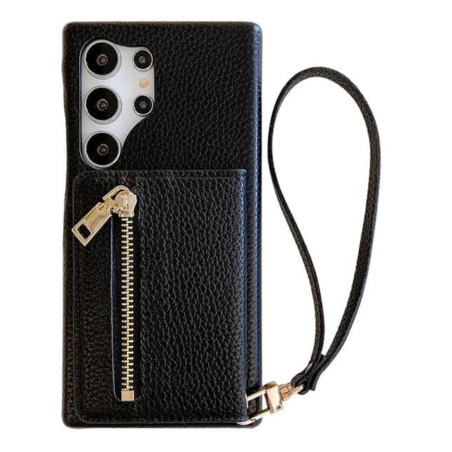 For Samsung Galaxy S23 Ultra Case Card Slots Kickstand PU Leather Back Cover with Zipper Pocket, Wrist Strap - Black