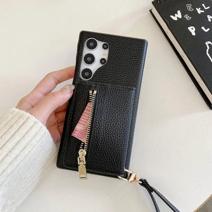 For Samsung Galaxy S23 Ultra Case Card Slots Kickstand PU Leather Back Cover with Zipper Pocket, Wrist Strap