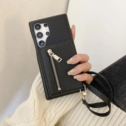 For Samsung Galaxy S23 Ultra Case Card Slots Kickstand PU Leather Back Cover with Zipper Pocket, Wrist Strap