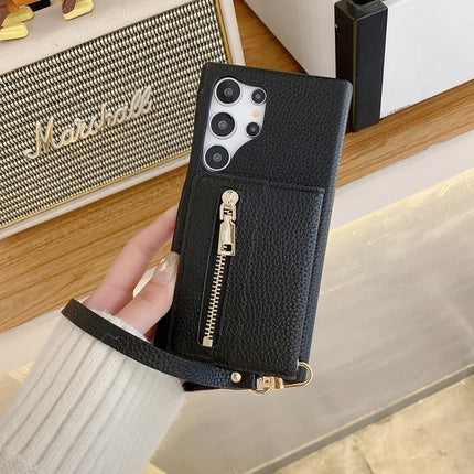 For Samsung Galaxy S23 Ultra Case Card Slots Kickstand PU Leather Back Cover with Zipper Pocket, Wrist Strap
