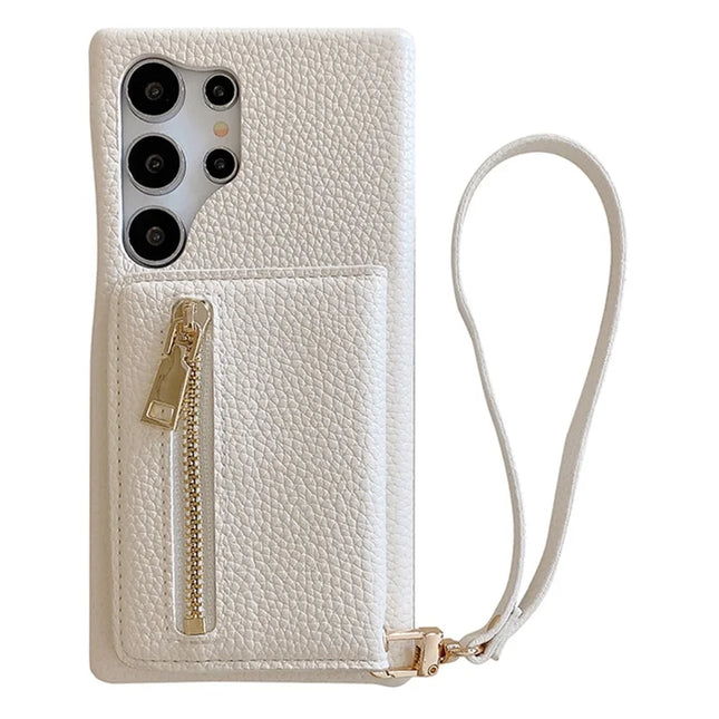 For Samsung Galaxy S23 Ultra Case Card Slots Kickstand PU Leather Back Cover with Zipper Pocket, Wrist Strap - White