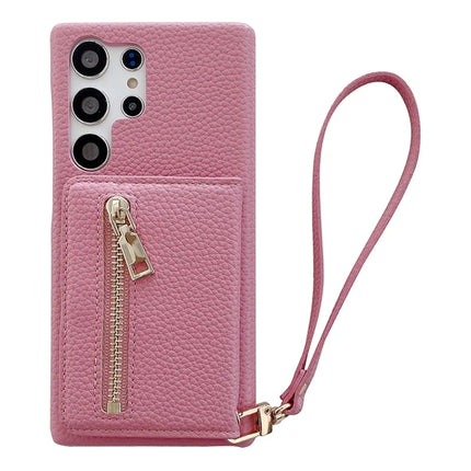 For Samsung Galaxy S23 Ultra Case Card Slots Kickstand PU Leather Back Cover with Zipper Pocket, Wrist Strap - Pink