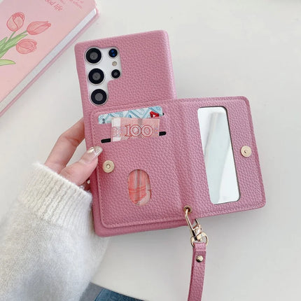 For Samsung Galaxy S23 Ultra Case Card Slots Kickstand PU Leather Back Cover with Zipper Pocket, Wrist Strap