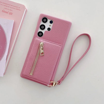 For Samsung Galaxy S23 Ultra Case Card Slots Kickstand PU Leather Back Cover with Zipper Pocket, Wrist Strap
