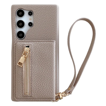 For Samsung Galaxy S23 Ultra Case Card Slots Kickstand PU Leather Back Cover with Zipper Pocket, Wrist Strap - Grey