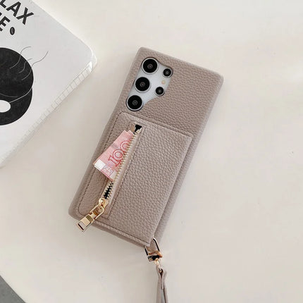 For Samsung Galaxy S23 Ultra Case Card Slots Kickstand PU Leather Back Cover with Zipper Pocket, Wrist Strap