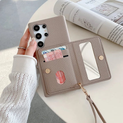 For Samsung Galaxy S23 Ultra Case Card Slots Kickstand PU Leather Back Cover with Zipper Pocket, Wrist Strap