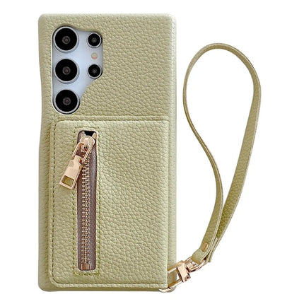 For Samsung Galaxy S23 Ultra Case Card Slots Kickstand PU Leather Back Cover with Zipper Pocket, Wrist Strap - Green