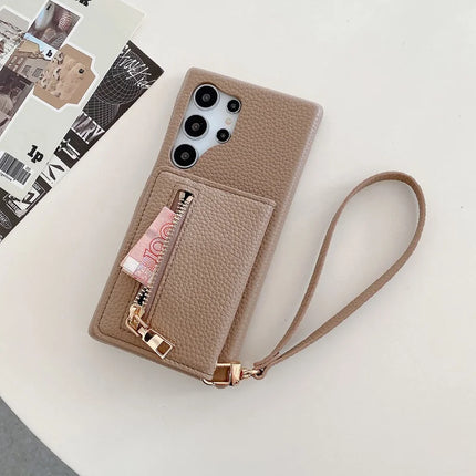 For Samsung Galaxy S23 Ultra Case Card Slots Kickstand PU Leather Back Cover with Zipper Pocket, Wrist Strap