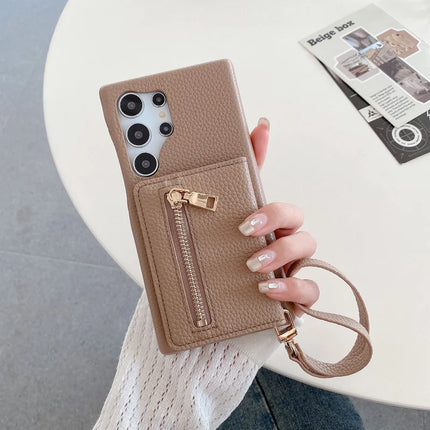 For Samsung Galaxy S23 Ultra Case Card Slots Kickstand PU Leather Back Cover with Zipper Pocket, Wrist Strap