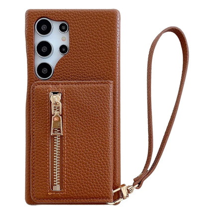 For Samsung Galaxy S23 Ultra Case Card Slots Kickstand PU Leather Back Cover with Zipper Pocket, Wrist Strap - Dark Brown