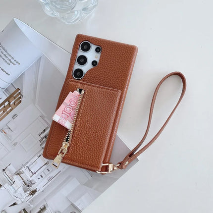 For Samsung Galaxy S23 Ultra Case Card Slots Kickstand PU Leather Back Cover with Zipper Pocket, Wrist Strap