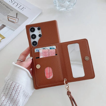 For Samsung Galaxy S23 Ultra Case Card Slots Kickstand PU Leather Back Cover with Zipper Pocket, Wrist Strap