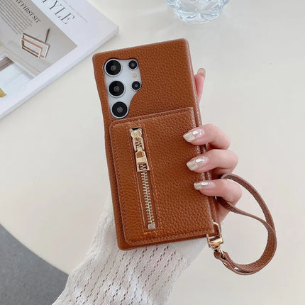 For Samsung Galaxy S23 Ultra Case Card Slots Kickstand PU Leather Back Cover with Zipper Pocket, Wrist Strap