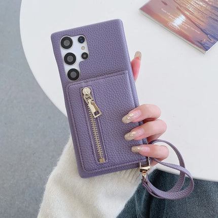 For Samsung Galaxy S23 Ultra Case Card Slots Kickstand PU Leather Back Cover with Zipper Pocket, Wrist Strap