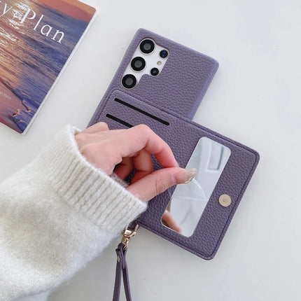 For Samsung Galaxy S23 Ultra Case Card Slots Kickstand PU Leather Back Cover with Zipper Pocket, Wrist Strap