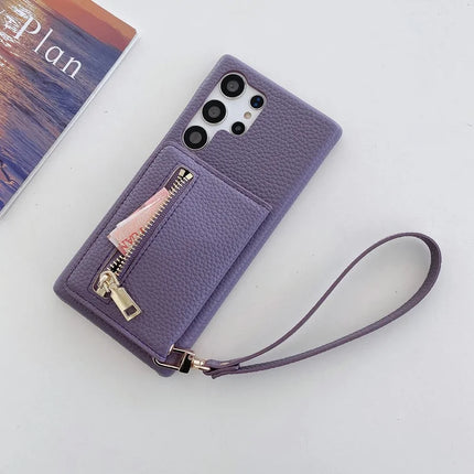 For Samsung Galaxy S23 Ultra Case Card Slots Kickstand PU Leather Back Cover with Zipper Pocket, Wrist Strap