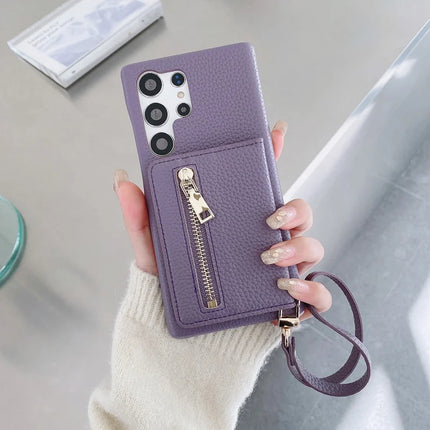 For Samsung Galaxy S23 Ultra Case Card Slots Kickstand PU Leather Back Cover with Zipper Pocket, Wrist Strap