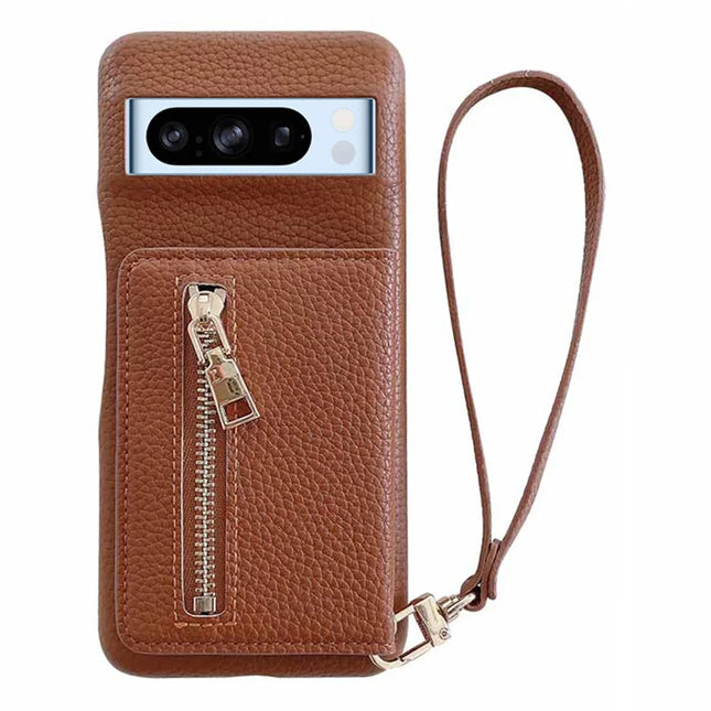 For Google Pixel 8 Pro Case Card Slots Kickstand PU Leather Back Cover with Zipper Pocket, Wrist Strap - Dark Brown