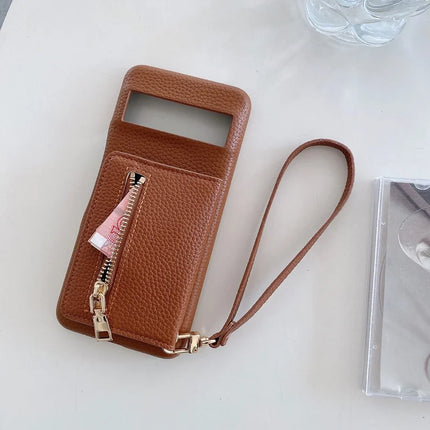 For Google Pixel 8 Pro Case Card Slots Kickstand PU Leather Back Cover with Zipper Pocket, Wrist Strap