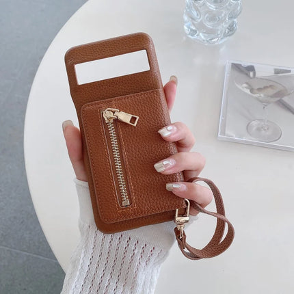 For Google Pixel 8 Pro Case Card Slots Kickstand PU Leather Back Cover with Zipper Pocket, Wrist Strap