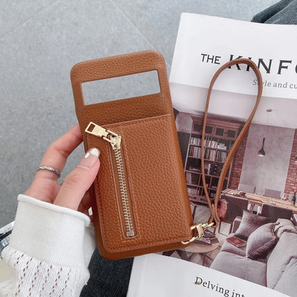 For Google Pixel 8 Pro Case Card Slots Kickstand PU Leather Back Cover with Zipper Pocket, Wrist Strap