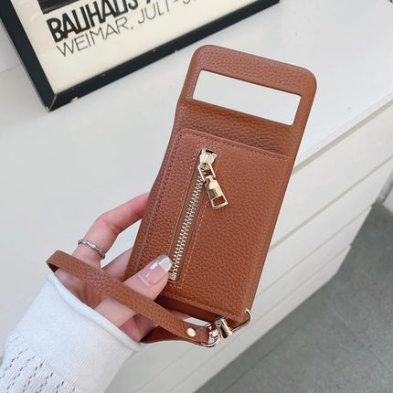 For Google Pixel 8 Pro Case Card Slots Kickstand PU Leather Back Cover with Zipper Pocket, Wrist Strap