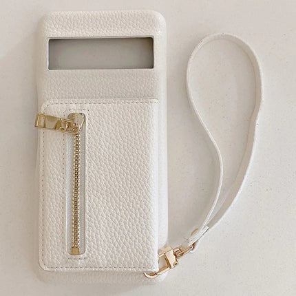 For Google Pixel 8 Pro Case Card Slots Kickstand PU Leather Back Cover with Zipper Pocket, Wrist Strap