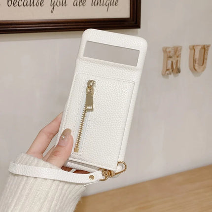 For Google Pixel 8 Case Card Slots Kickstand PU Leather Back Cover with Zipper Pocket, Wrist Strap