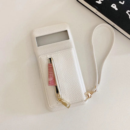 For Google Pixel 8a Case Card Slots Kickstand PU Leather Back Cover with Zipper Pocket, Wrist Strap