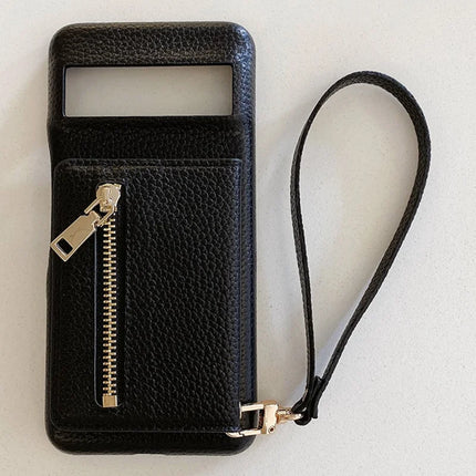 For Google Pixel 8a Case Card Slots Kickstand PU Leather Back Cover with Zipper Pocket, Wrist Strap
