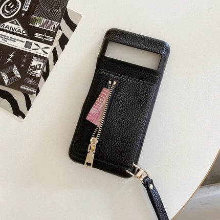 For Google Pixel 8a Case Card Slots Kickstand PU Leather Back Cover with Zipper Pocket, Wrist Strap