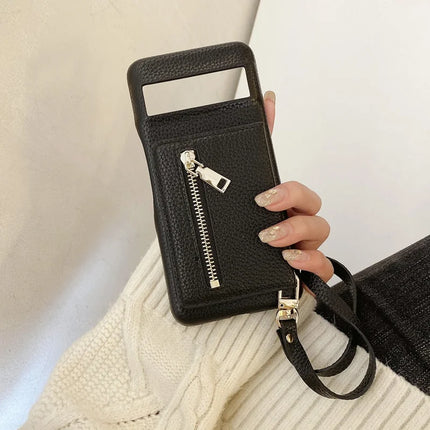 For Google Pixel 8a Case Card Slots Kickstand PU Leather Back Cover with Zipper Pocket, Wrist Strap