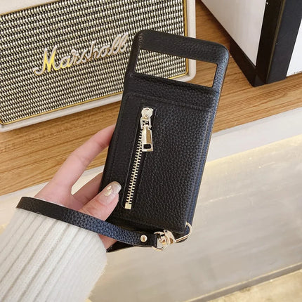 For Google Pixel 8a Case Card Slots Kickstand PU Leather Back Cover with Zipper Pocket, Wrist Strap