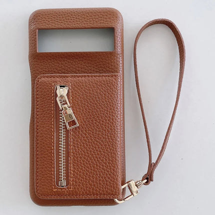 For Google Pixel 8a Case Card Slots Kickstand PU Leather Back Cover with Zipper Pocket, Wrist Strap