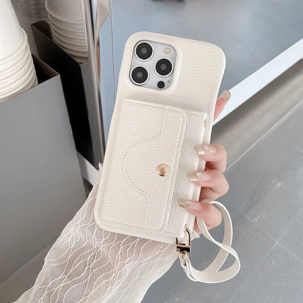 For iPhone 15 Pro Case Mirror Design PU Leather Back Cover with Card Slots, Wrist Strap - White