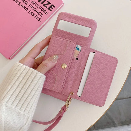 For Google Pixel 8 Case Mirror Design PU Leather Back Cover with Card Slots, Wrist Strap