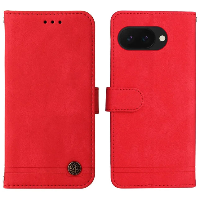 For Google Pixel 9a Wallet Case Skin Touch Leather Phone Cover Tree Pattern Hardware - Red