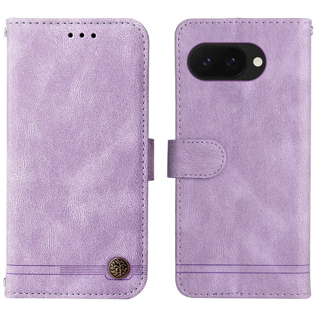 For Google Pixel 9a Wallet Case Skin Touch Leather Phone Cover Tree Pattern Hardware - Purple