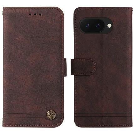 For Google Pixel 9a Wallet Case Skin Touch Leather Phone Cover Tree Pattern Hardware - Brown