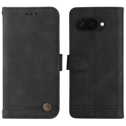 For Google Pixel 9a Wallet Case Skin Touch Leather Phone Cover Tree Pattern Hardware - Black