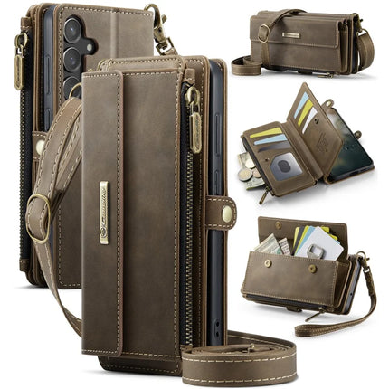 For Samsung Galaxy S23 FE Case CASEME C39 RFID Blocking Zipper Wallet Stand Leather Cover with Strap - Brown