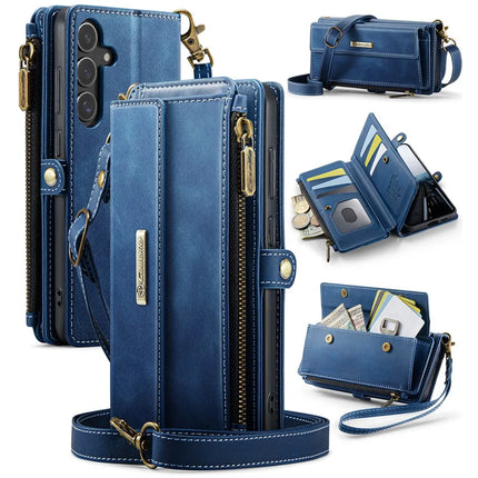 For Samsung Galaxy S23 FE Case CASEME C39 RFID Blocking Zipper Wallet Stand Leather Cover with Strap - Blue