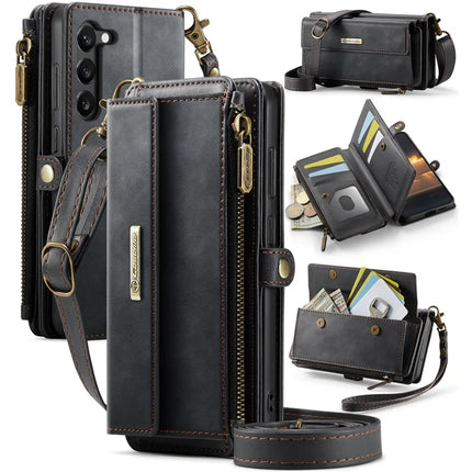 For Samsung Galaxy S23 Case CASEME C39 RFID Blocking Zipper Wallet Stand Leather Cover with Strap - Black