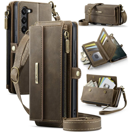 For Samsung Galaxy S23 Case CASEME C39 RFID Blocking Zipper Wallet Stand Leather Cover with Strap - Brown